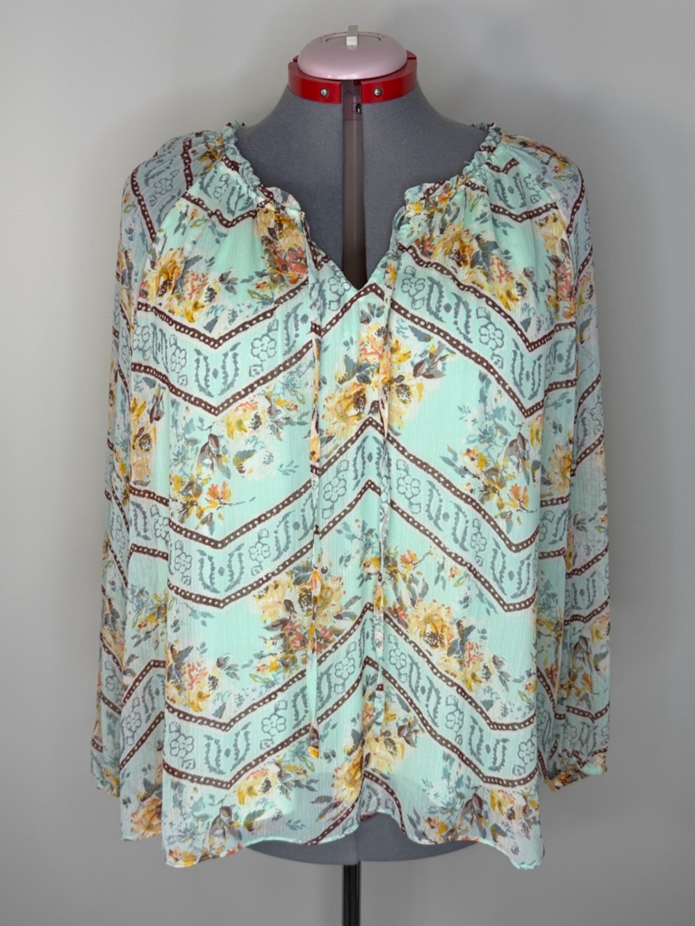 Lauren Conrad Blouse Womens XXL Green Floral Ruffle Long Sleeve Boho Tunic Top